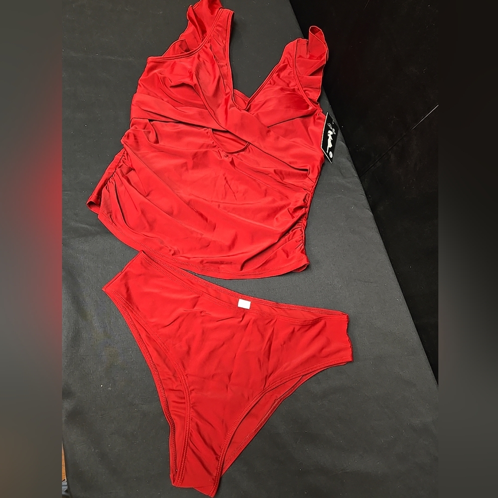Large Maroon 2 Pc Swimsuit With Ruffle & Key Hole By Kenaque